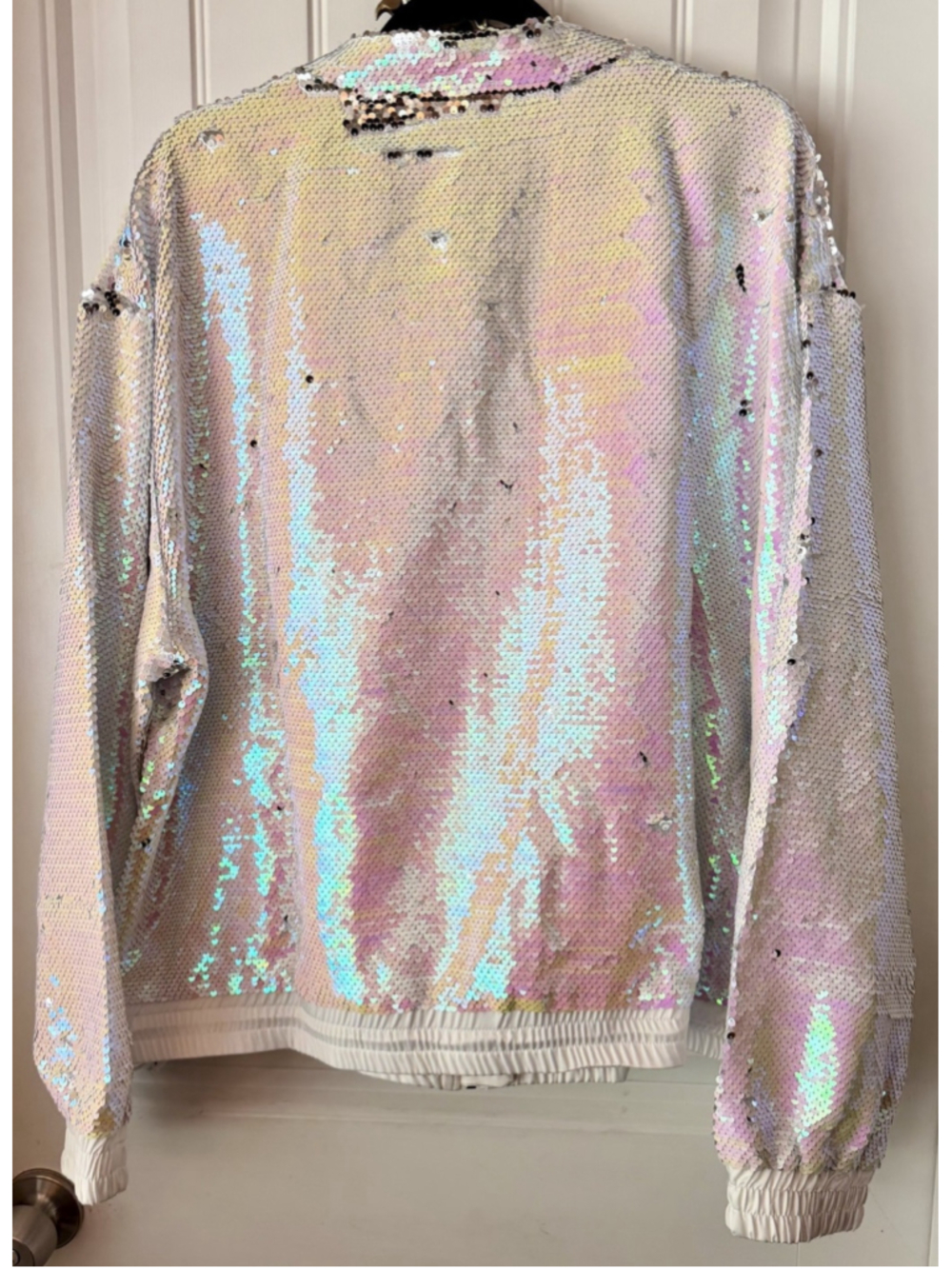 White Birch 2X Iridescent Sequin Bomber Jacket White Zip Front Plus Size - Picture 3 of 4